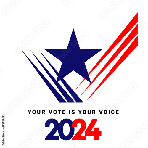 USA Presidential Election 2024. Check mark vote. USA star with american flag colors and symbols. Voting Day 2024 Election in USA, Political election campaign emblem logo photo