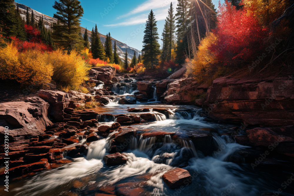 A stunning view of a waterfall flowing through a tapestry of autumn colors in the wilderness Generative AI A stunning view of a waterfall flowing through a tapestry of autumn colors in the wilderness Generative AI