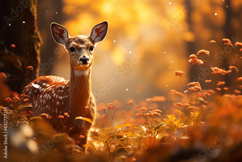 wildlife in their natural habitat during the autumn season, such as deer, birds, or squirrels Generative AI
