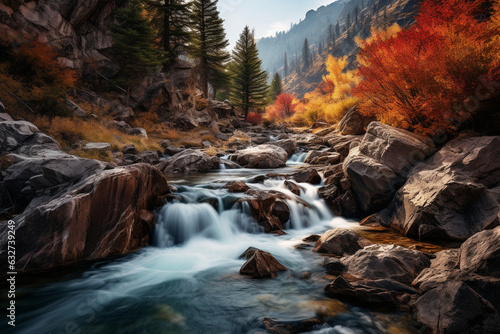 A stunning view of a waterfall flowing through a tapestry of autumn colors in the wilderness Generative AI