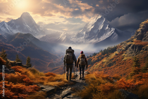 photograph of hikers exploring the wild nature in autumn, surrounded by breathtaking landscapes Generative AI © Tania
