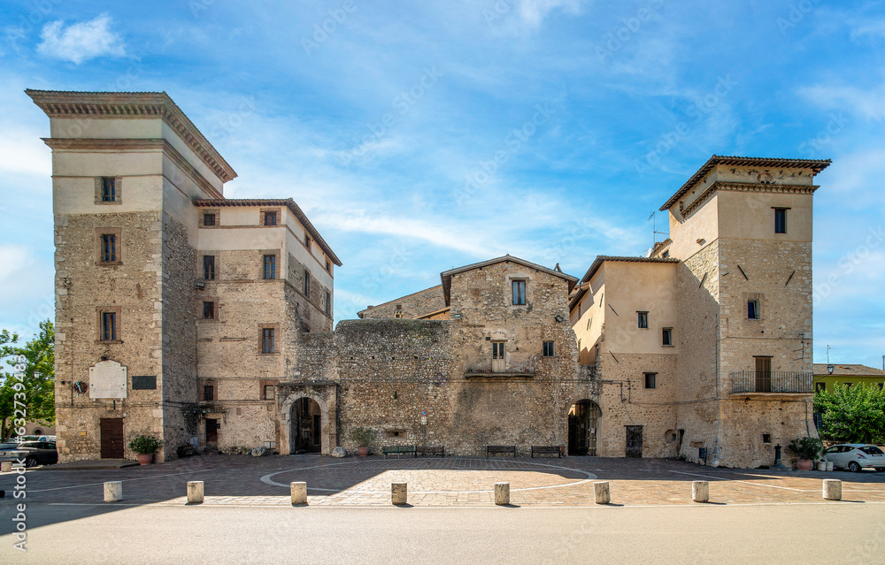The rectangular, fortified medieval castle of San Giacomo di Spoleto converted into housing , San Giacomo di Spoleto, Umbria, Italy , Aug. 7, 2023