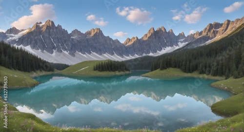 Reflection of Majestic Mountain Peaks in Tranquil Alpine Lake with Wildflower Meadow © Adam