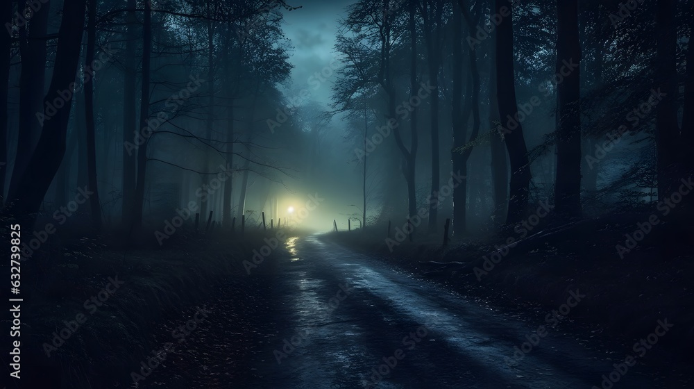 Naklejka premium Mystical dark scary forest with fog and footpath. Halloween background. Foggy road in the woods at night, 3d render.