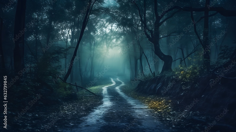 Fototapeta premium Mysterious dark forest with fog and road. Halloween concept. Mystical dark scary forest with fog and footpath. Halloween background.