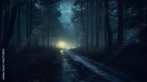 Mystical dark scary forest with fog and footpath. Halloween background. Foggy road in the woods at night, 3d render. 