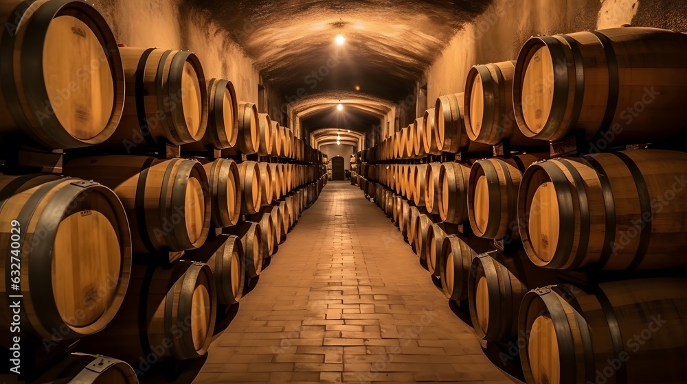Wine barrels stacked in the cellar of a winery in Italy
