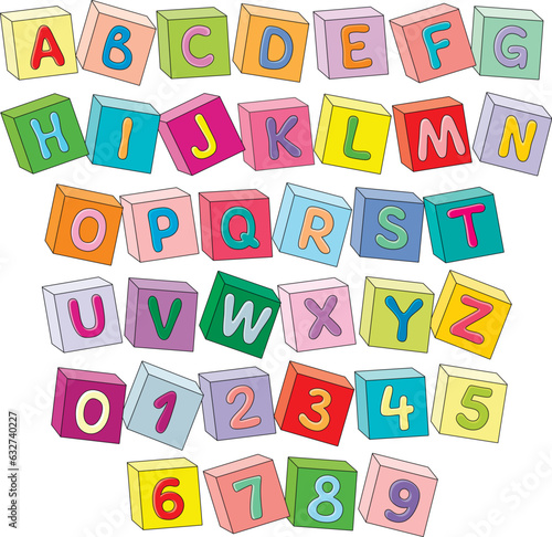 Funny font baby cubes and English alphabet with numbers for little kids, a vector set of colorful bricks with letters isolated on a white background