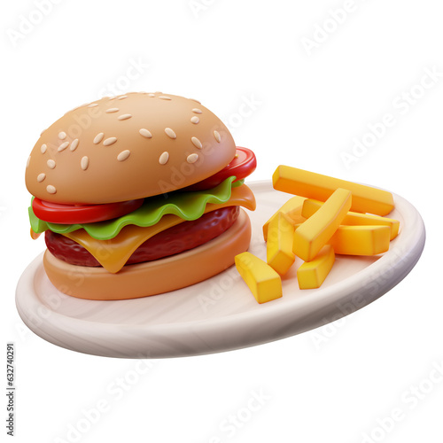 3d rendering icon of delicious hamburger and fries
 photo