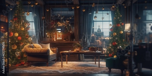 Cozy living room with leather sofa and tea table decorated for Christmas. Festive decoration with Christmas trees and balls. © Jūlija