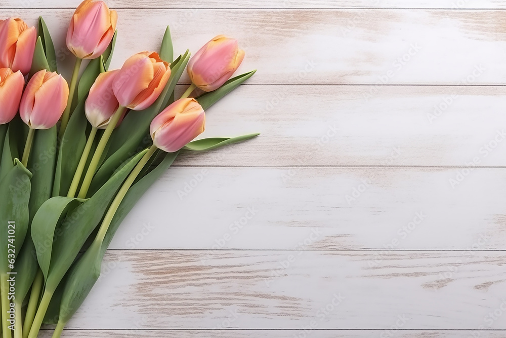 Vibrant Tulip Flowers Adorning White Wooden Table, Copy Space | Created with Generative AI Tools Vibrant Tulip Flowers Adorning White Wooden Table, Copy Space | Created with Generative AI Tools