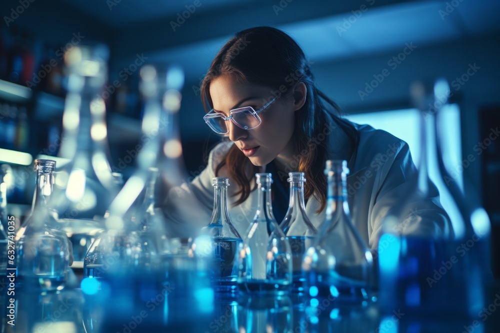 Female chemist doing research in the laboratory, Testing substances Female chemist doing research in the laboratory, Testing substances