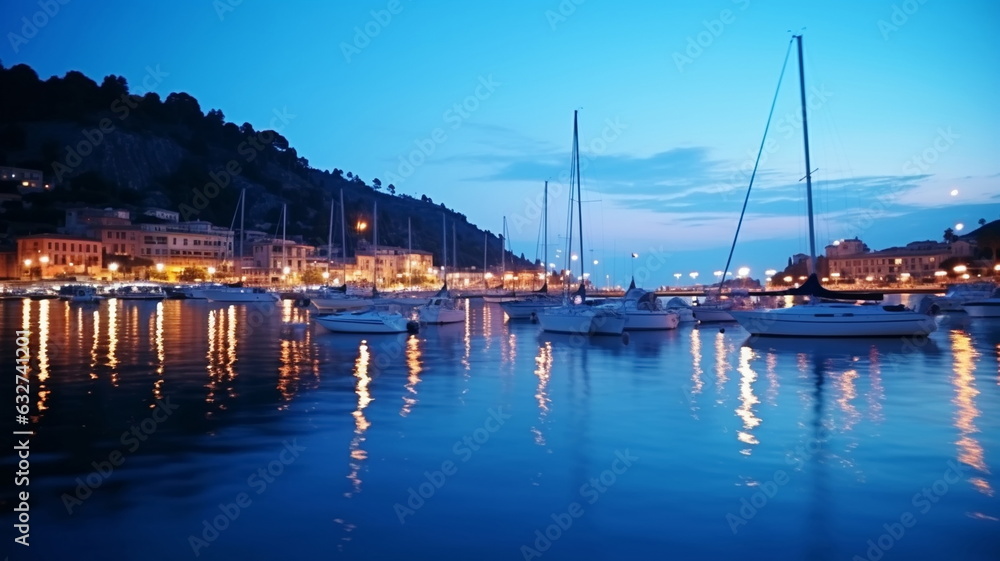 summer night in Yacht harbor blurred sea and city light reflection people silhouette relax in cafe on promenade
