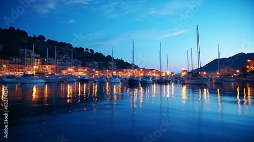 summer night in Yacht harbor blurred sea and city light reflection people silhouette relax in cafe on promenade