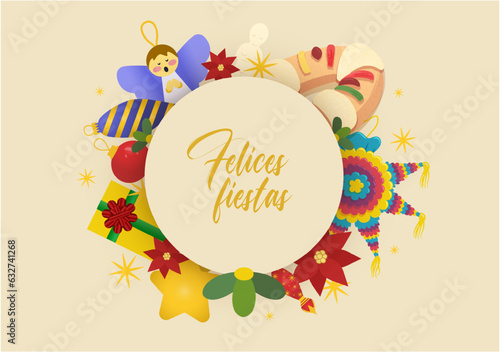 Tarjeta de Felices fiestas con elementos de navidad. Esferas, adornos, regalos, piñata, nochebuena, rosca de reyes y estrella de belén.