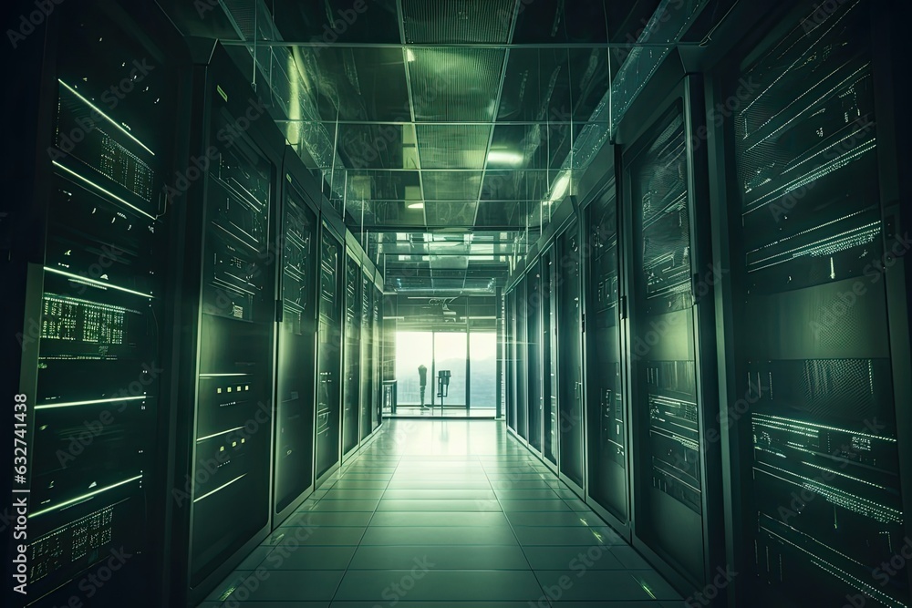 A futuristic-looking server room at a data center. Generative AI A futuristic-looking server room at a data center. Generative AI
