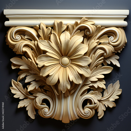 architectural column capitals, made in baroque style with many elements, leaves, flowers, patterns on dark background photo