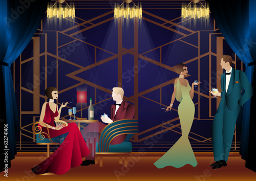 People in a restaurant in the style of the early 20th century. Retro party invitation card. art deco style. vector illustration.