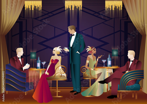 People in a restaurant in the style of the early 20th century. Retro party invitation card. art deco style. vector illustration.