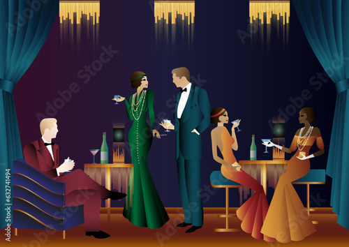 People in a restaurant in the style of the early 20th century. Retro party invitation card. art deco style. vector illustration.