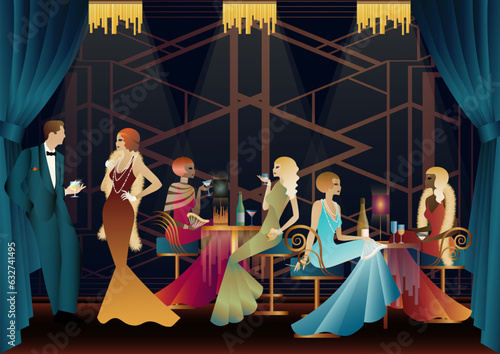 People in a restaurant in the style of the early 20th century. Retro party invitation card. art deco style. vector illustration.