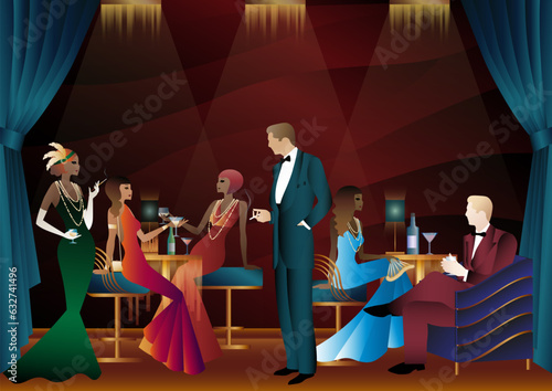 People in a restaurant in the style of the early 20th century. Retro party invitation card. art deco style. vector illustration.
