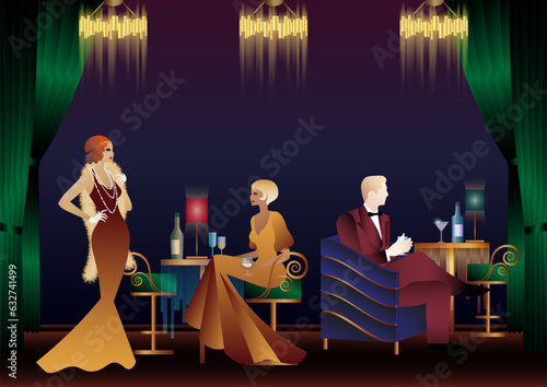 People in a restaurant in the style of the early 20th century. Retro party invitation card. art deco style. vector illustration.