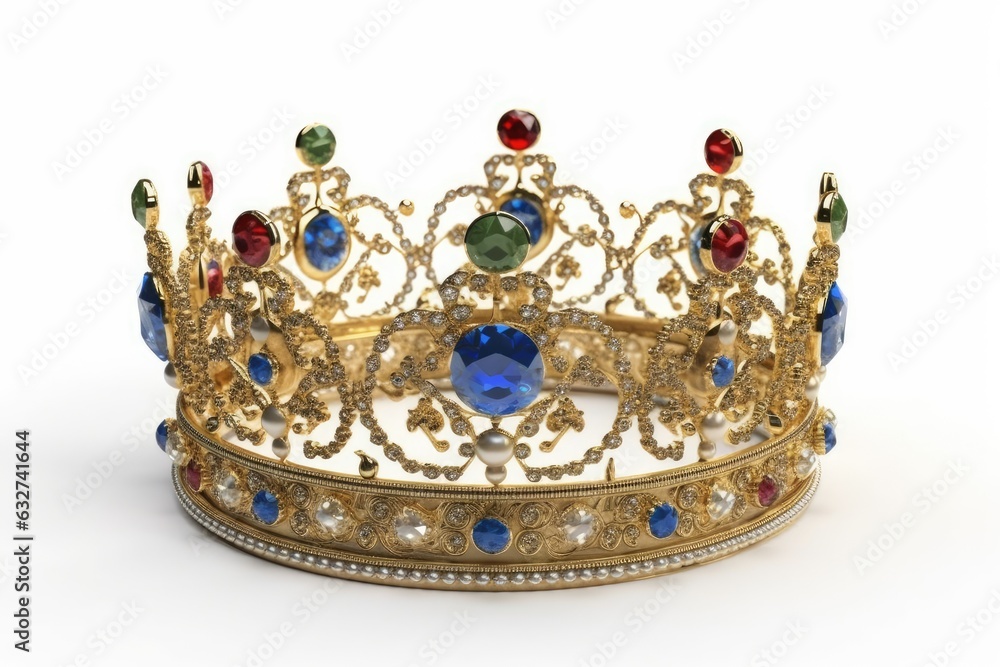 A gold crown is shown alone on a white backdrop. Generative AI A gold crown is shown alone on a white backdrop. Generative AI