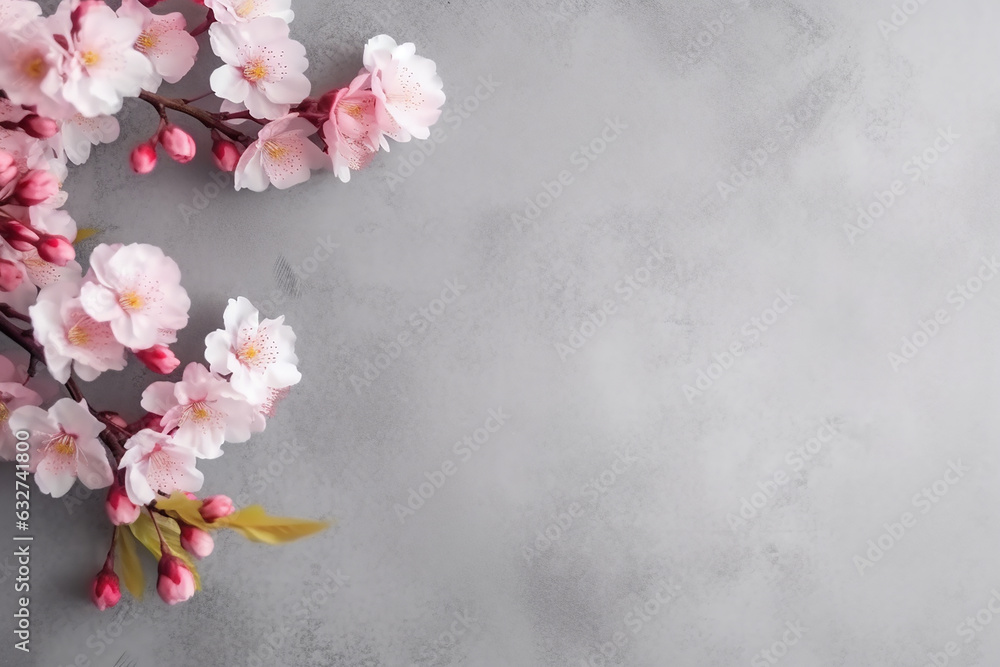 Japanese Sakura Flower Blossom in Corner over Grey Background - Large Copy Space, Created with Generative AI Tools Japanese Sakura Flower Blossom in Corner over Grey Background - Large Copy Space, Created with Generative AI Tools