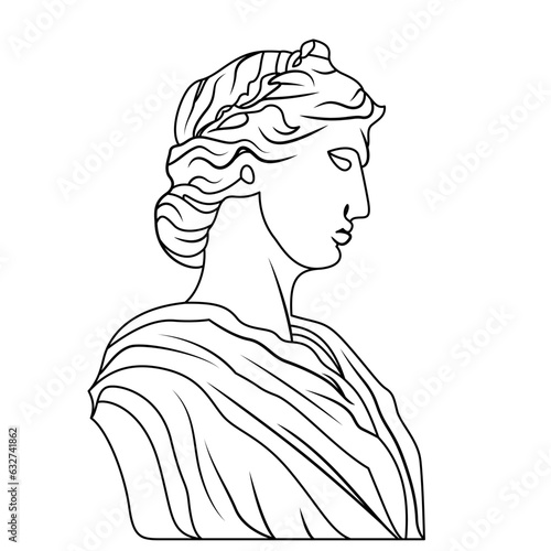 Fictional Greek statue line art vector illustration, Greek lady statue with a Olive wreath stock vector image