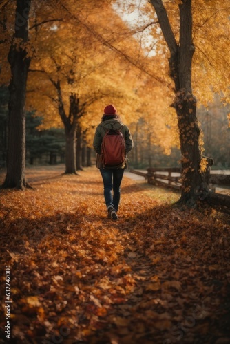 young girl walking on the leafts in autumn