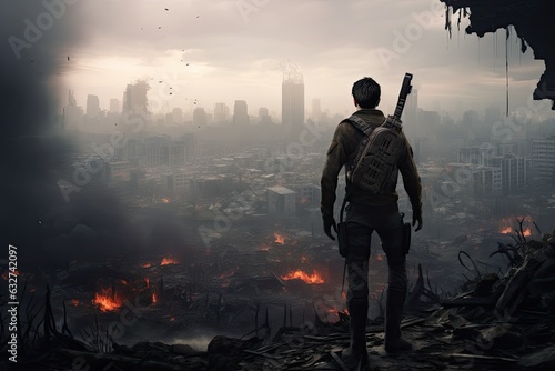 Silhouette of a man with a gun standing in the middle of a burning city. An advanced Lone soldier standing in front of a destroyed city, full rear view, AI Generated