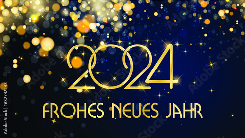 Karte oder Banner, um ein glückliches Jahr 2024 zu wünschen, in Gold auf blauem Hintergrund mit Kreisen und goldfarbenem Glitzer im Bokeh-Effekt