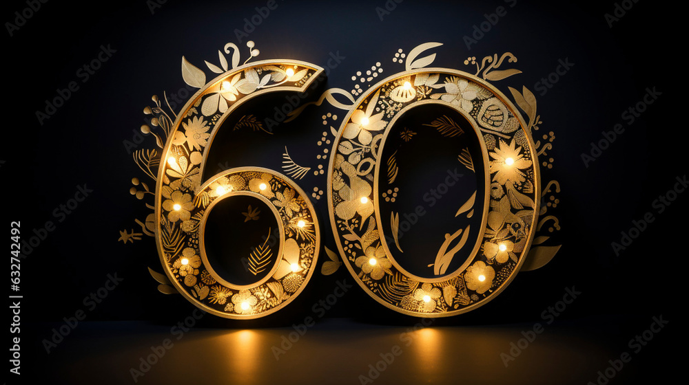 AI generated, Background for a 60 years birthday, golden wedding anniversary, golden numbers on a black background. Golden sparking numbers. Party invitation, menu. AI generated, Background for a 60 years birthday, golden wedding anniversary, golden numbers on a black background. Golden sparking numbers. Party invitation, menu.