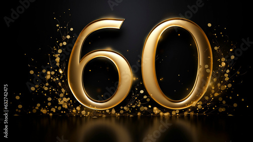 AI generated, Background for a 60 years birthday, golden wedding anniversary, golden numbers on a black background. Golden sparking numbers. Party invitation, menu.