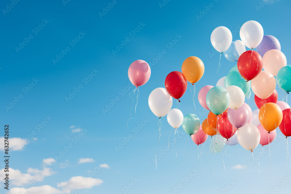 cheerful shot of balloons soaring against a clear blue sky, creating a striking contrast and evoking a sense of freedom Generative AI