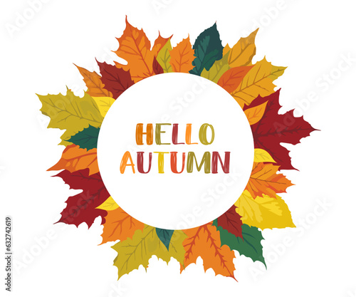 Autumn round frame with fallen leaves of vibrant colors, editable circle sale banner or postcard on white background