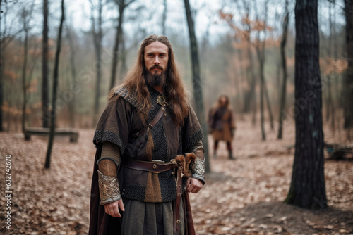 Anglo-Saxon warrior inside a dark German forest (Generative AI)