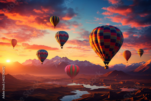silhouette shot of hot air balloons gliding across a beautiful sunset backdrop Generative AI