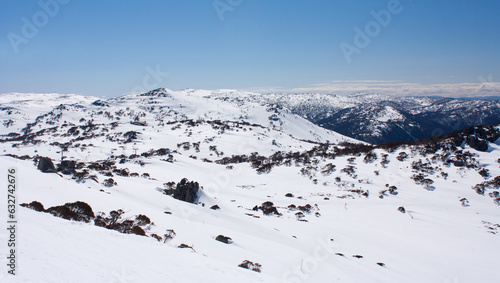 Ski slopes with trees in the Perisher ski resort in winter in Australia