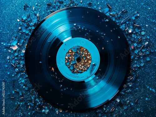 Music Record. Blue jewels and sparkles. Blue background. Created with generative ai.