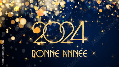 carte ou bandeau pour souhaiter une bonne 2024 en or sur un fond bleu avec des ronds et des paillettes de couleur or en effet bokeh