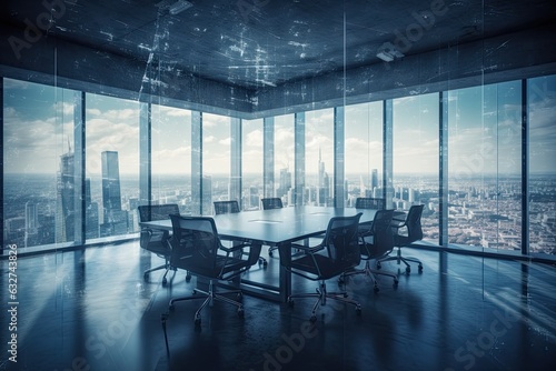 A contemporary meeting room with city views and all the required equipment. Generative AI