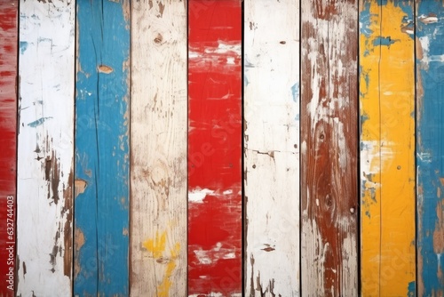 Texture of vintage wood boards with cracked paint of white, red, yellow and blue color. Horizontal retro background with wooden planks of different colors