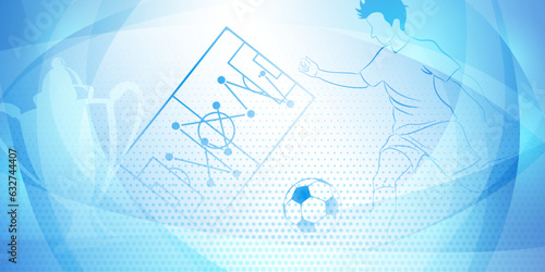 Soccer background with a football player kicking the ball and other sport symbols in blue colors