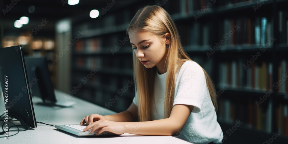 Young woman with his laptop studying in the school library. Generative AI.