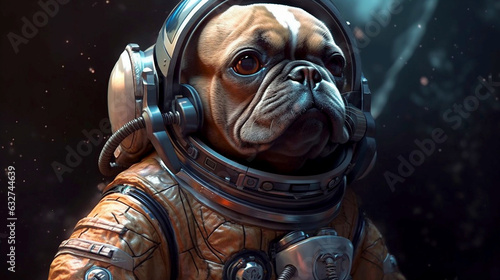 close up of a dog wearing a space suit
