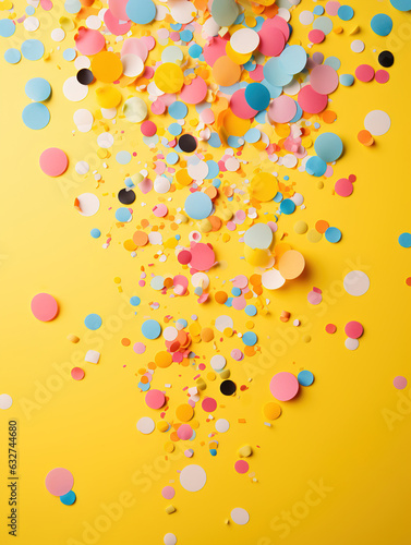 Bright multi-colored confetti on a yellow background. Festive birthday party postcard background. Generative ai