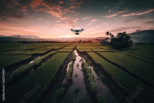 a drone flying above in a rice field during the day. Generative AI