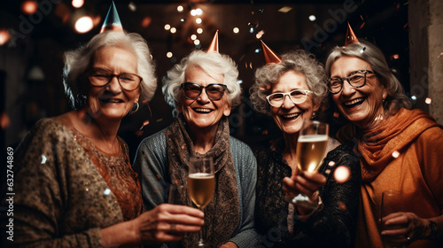 senior friends in their 70s having fun at New Year party